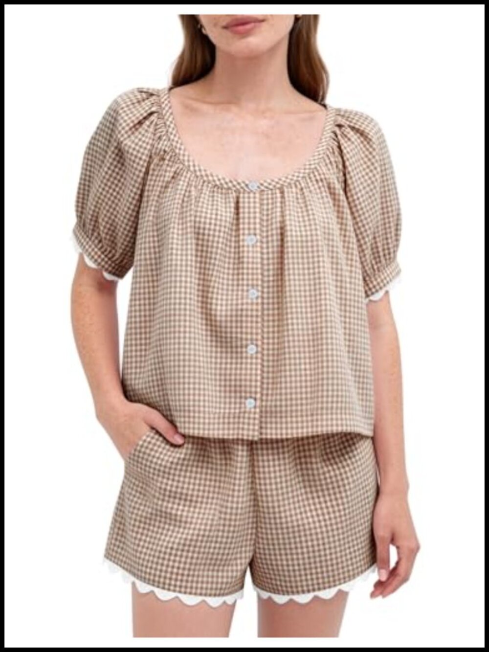 Cotton Gingham Pajama Set Scoop Neck Puff Sleeve Scalloped Trim